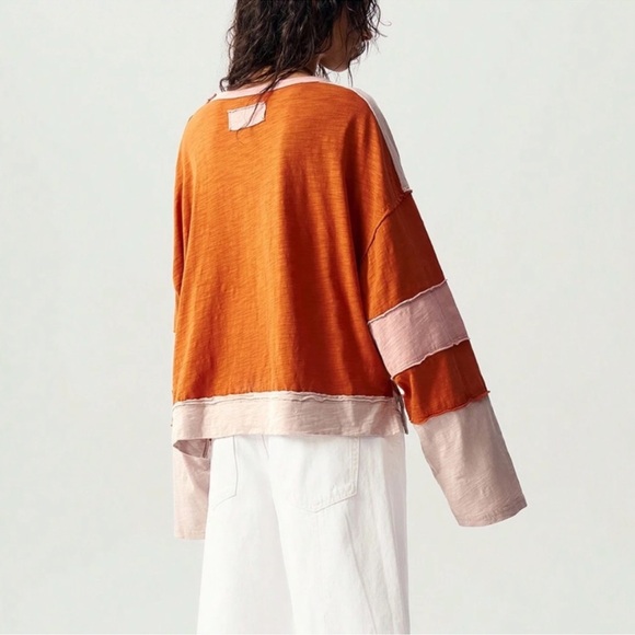 Boho Color Block Floral Patch Reverse Stitch Oversized Long Sleeve Top S M L XL - Picture 4 of 5